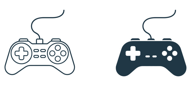 game controller icon set, black and white console symbols for video games, gaming accessories and interactive entertainment