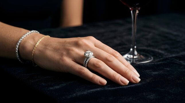 Elegant woman wearing diamond engagement ring at a romantic dinner