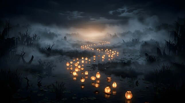 Floating glowing lanterns on a foggy river at night with trees and mist