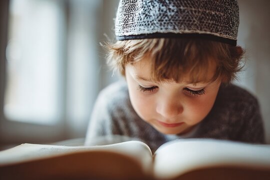 Close up of young boy in kufi hat reading book from high angle. Ideal for Islamic online school app promo, Ramadan kareem flyers, multicultural bookstore catalog or family values brochure