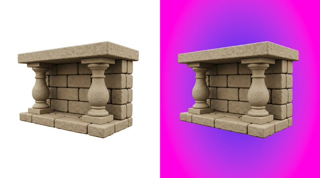 A3d render of a stone balustrade wall section with two classical columns and a brick base, isolated on a white background, for easy editing