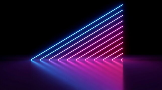 Parallel diagonal neon light lines in blue and magenta, glowing against a dark background, with reflective floor surface