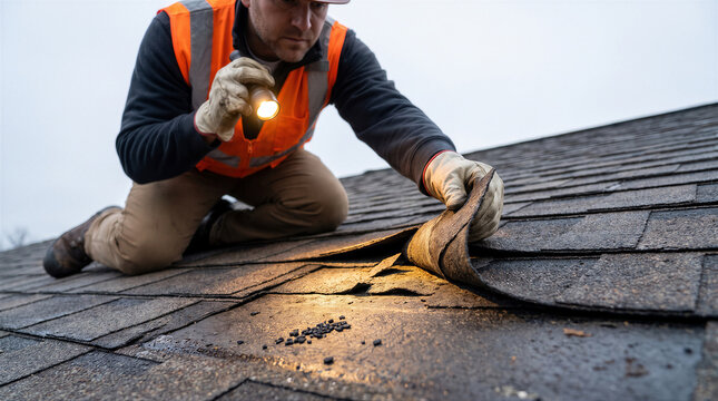Professional roofer inspecting damaged asphalt shingles on a residential roof using a flashlight to check for wear and tear