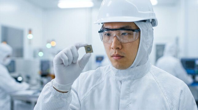 Engineer in cleanroom suit inspecting a semiconductor microchip in a hightech manufacturing facility
