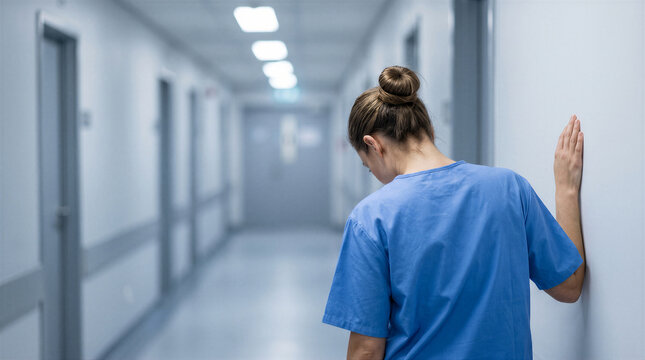 Exhausted female nurse in blue scrubs standing in a hospital hallway, leaning against the wall with her head down, feeling overwhelmed