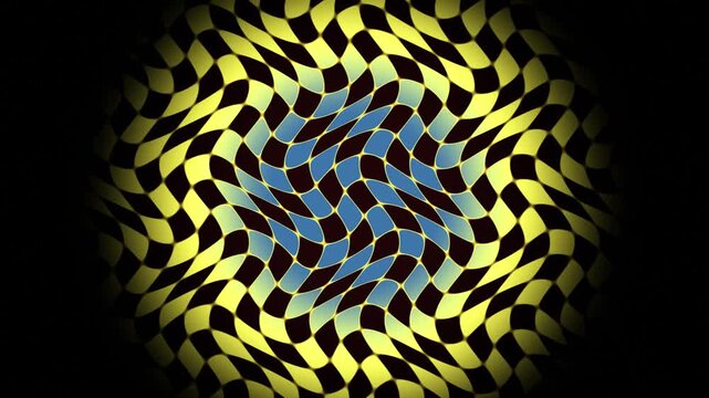 Hypnotic wavy checkered pattern animation: abstract yellow and blue optical illusion background motion