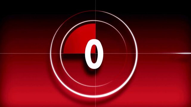 Red countdown circle reaching zero with a spinning ring, retro film leader countdown animation, 4K