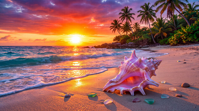 A giant conch shell rests on the sandy shoreline as ocean waves gently lap at its surface, with a colorful sunset illuminating the sky, creating a vibrant coastal scene.