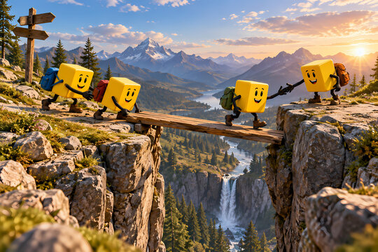 Overcoming obstacles and resilience concept with team crossing a challenge