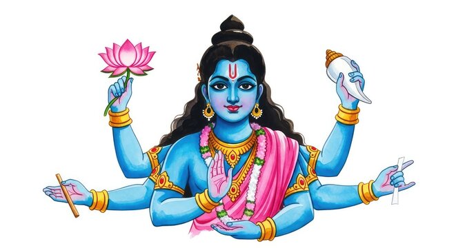 Artistic watercolor painting of a divine four-armed deity with blue skin, holding a lotus and conch, isolated on a white background, lotus, ethereal, peace