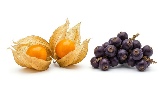 Goldenberry and acai berries side by side on a white background