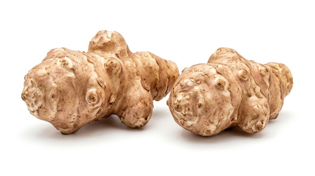 Two raw Jerusalem artichoke tubers on a clean white background