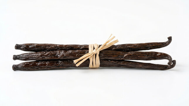 Bundle of dark vanilla beans tied with natural raffia on a white background