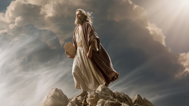 Moses standing on Mount Sinai holding the stone tablets of the Ten Commandments beneath dramatic clouds and divine light.