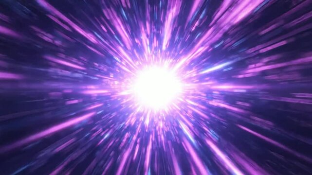 Neon purple warp speed tunnel: futuristic cyberpunk light trails and hyperspace travel background