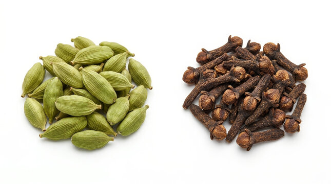 Green cardamom pods and whole cloves arranged on a white background