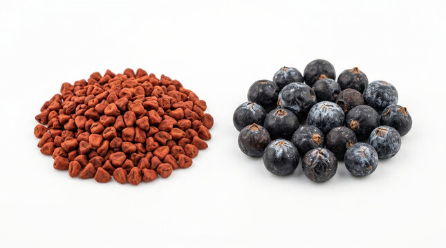 Annatto seeds and juniper berries arranged on a white background