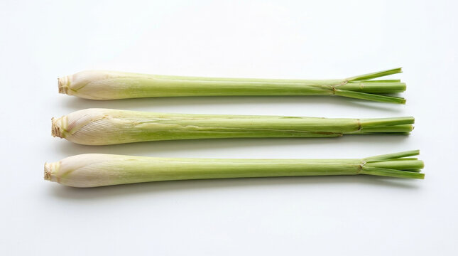 Three fresh lemongrass stalks arranged on a clean white background