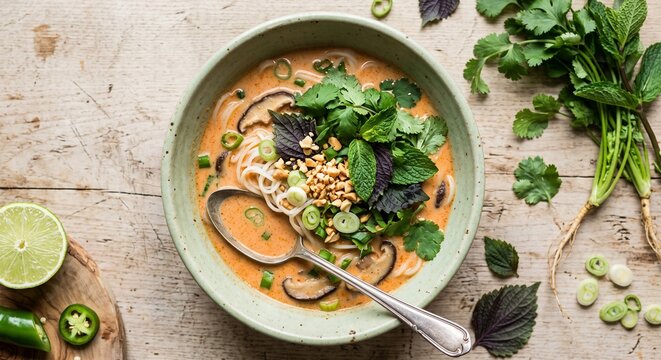 Delicious bowl of noodle soup with fresh herbs and lime slice  