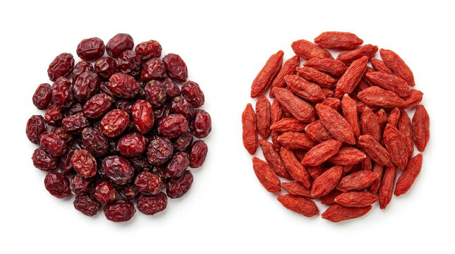 Dried barberries and goji berries arranged in two piles on a white background