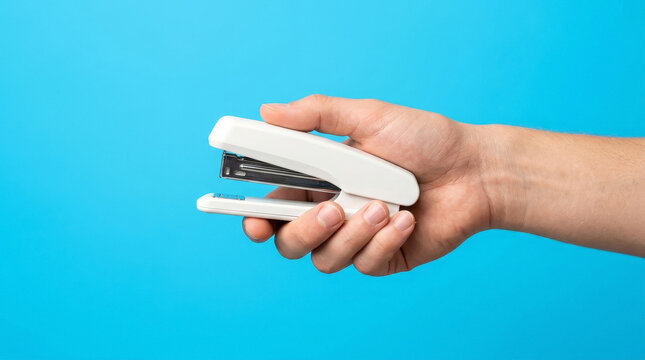 Hand holding a white office stapler against a bright blue background