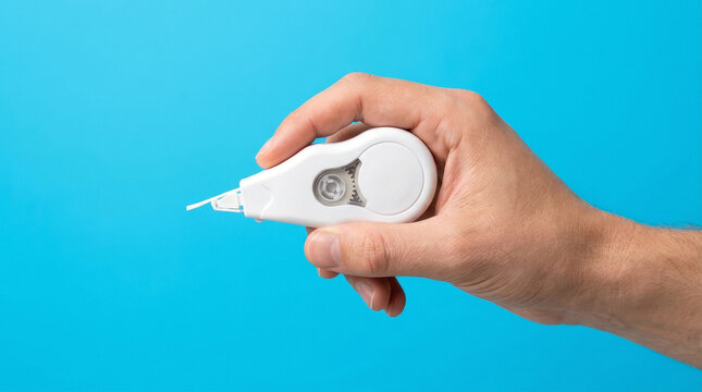 Hand holding a white correction tape dispenser against a bright blue background