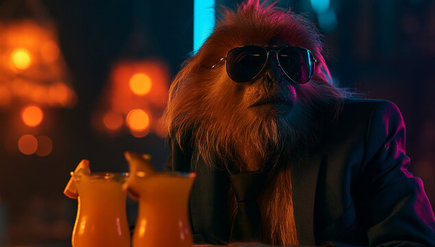 stylish golden langur monkey sitting at a high-end night bar, 