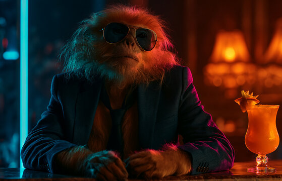 stylish golden langur monkey sitting at a high-end night bar, 
