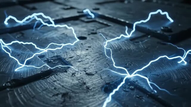blue electrical lightning arcs crawling across dark scratched metallic surface. high voltage power surge on industrial steel panel. futuristic technology background, sci-fi, short circuit.