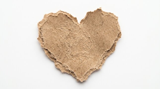 Torn brown kraft paper heart shape isolated on white background