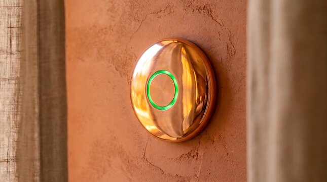Stylish Copper Climate Control Smart Sensor with Green LED Ring on a Textured Wall