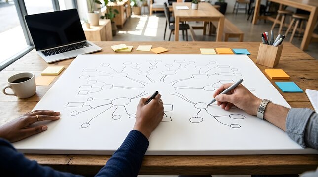 Colleagues collaborating on a mind map diagram on a wooden desk in office