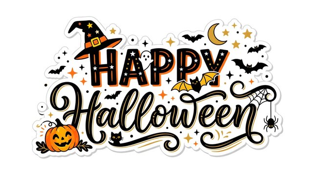 A festive halloween typographic design features pumpkins bats a witch s hat and stars against a white background autumnal celebration creepy decorative