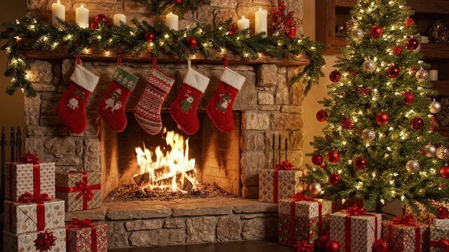 Cozy christmas fireplace with decorated tree and stockings, warm holiday home interior scene for seasonal backgrounds