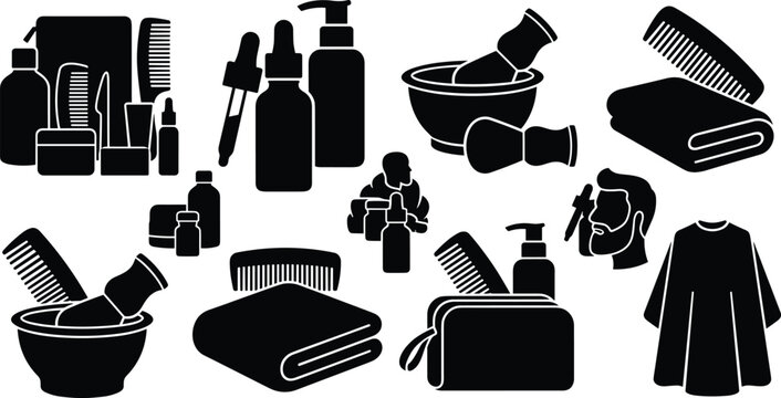 Black silhouette vector icon set of men grooming barbershop and hair care tools including shaving brush comb and serum bottles