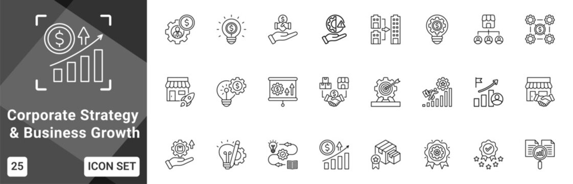 Corporate Strategy And Business Growth  Icon set collection. Vector icon pack featuring thematic icons for your presentations or business.
