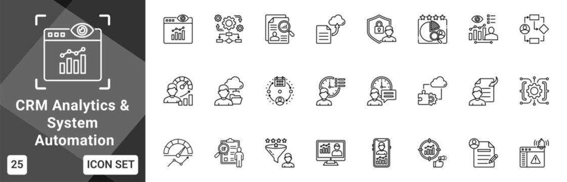 CRM Analytics And System Automation  Icon set collection. Vector icon pack featuring thematic icons for your presentations or business.