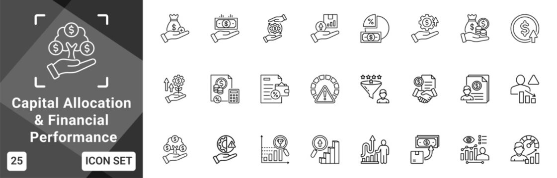 Capital Allocation And Financial Performance  Icon set collection. Vector icon pack featuring thematic icons for your presentations or business.