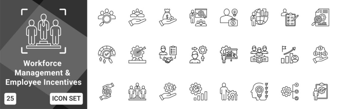 Workforce Management And Employee Incentives  Icon set collection. Vector icon pack featuring thematic icons for your presentations or business.