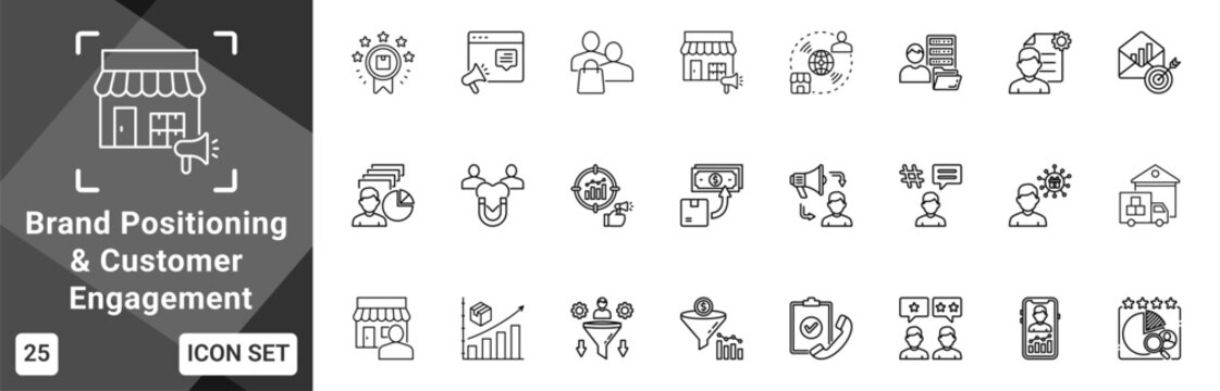 Brand Positioning And Customer Engagement  Icon set collection. Vector icon pack featuring thematic icons for your presentations or business.