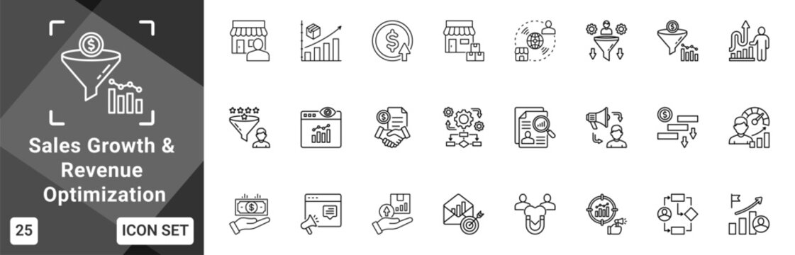 Sales Growth And Revenue Optimization  Icon set collection. Vector icon pack featuring thematic icons for your presentations or business.