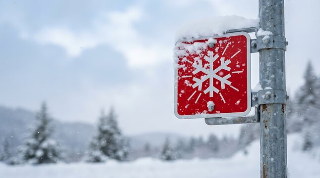 Red warning sign featuring white snowflake symbol mounted on metal pole amidst heavy snowfall in beautiful alpine winter landscape scenery