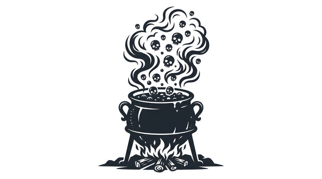 Witchs Cauldron Bubbling with Skulls and Smoke on a Fire