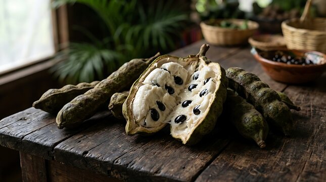 Guama fruit with white pulp and black seeds sitting on a rustic wooden table inside a cozy dimly lit kitchen