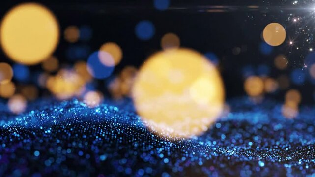 Abstract blue particle wave background, with golden bokeh, light flares and, floating dust particles