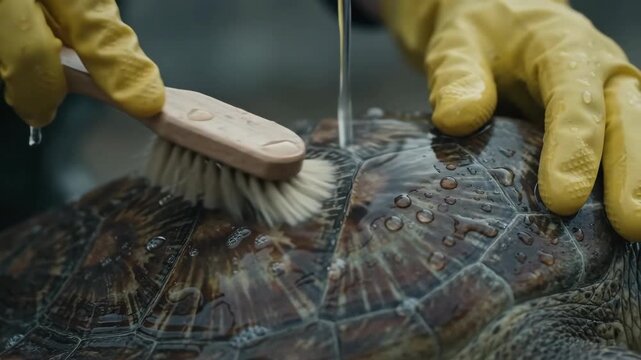 hands in yellow gloves washing sea turtle shell with brush under running water. wildlife rescue, animal rehabilitation. marine conservation, environmental protection, ecology