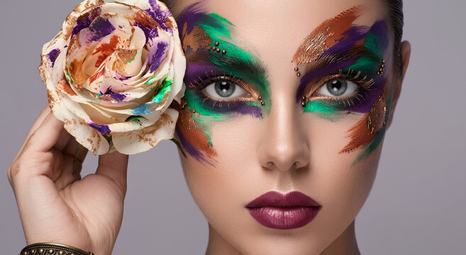 Beautiful girl model with multi-colored paints on her face. Woman with rose flower and bright color make-up. Cosmetics, beauty and makeup. Spring and summer flowering shopping