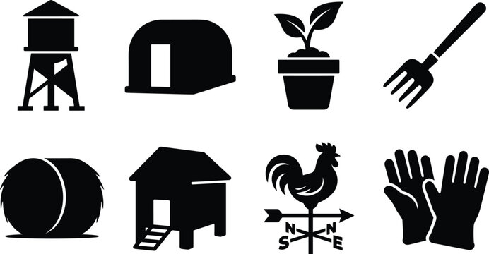 Farming and agriculture vector icon set featuring water tower hangar potted plant pitchfork hay bale chicken coop weather vane and gloves