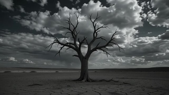 dead leafless tree standing alone in dry cracked desert under dark dramatic sky. severe drought and environmental disaster concept. climate change awareness, barren desolate landscape background.