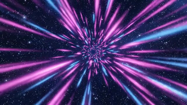 Hyperspace warp speed tunnel with neon pink and blue light streaks, cosmic starfield travel background